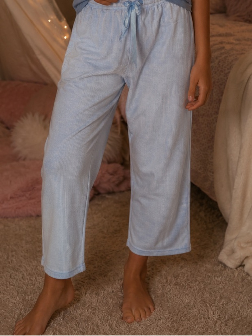 Pajamas Lounge Pants Sleepover Cozy Blue Ribbed Pajama Bottoms Girl Size M 10-12